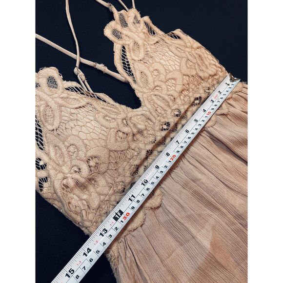 ~ Boho Sundress Le Miel Crochet Med Beachy Tan Mini Slip Dress Layered Bralette - Picture 6 of 16